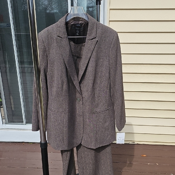 Elegant Womens Pants Suit 18W Brown Pinstripe Lined Double Breast Career Office - Picture 2 of 16
